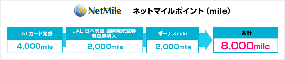 ネットマイルポイント(mile) JALカード発券4,000mile+JAL　日本航空　国際線航空券 航空券購入2,000mile+ボーナスmile2,000mile　合計8,000mile